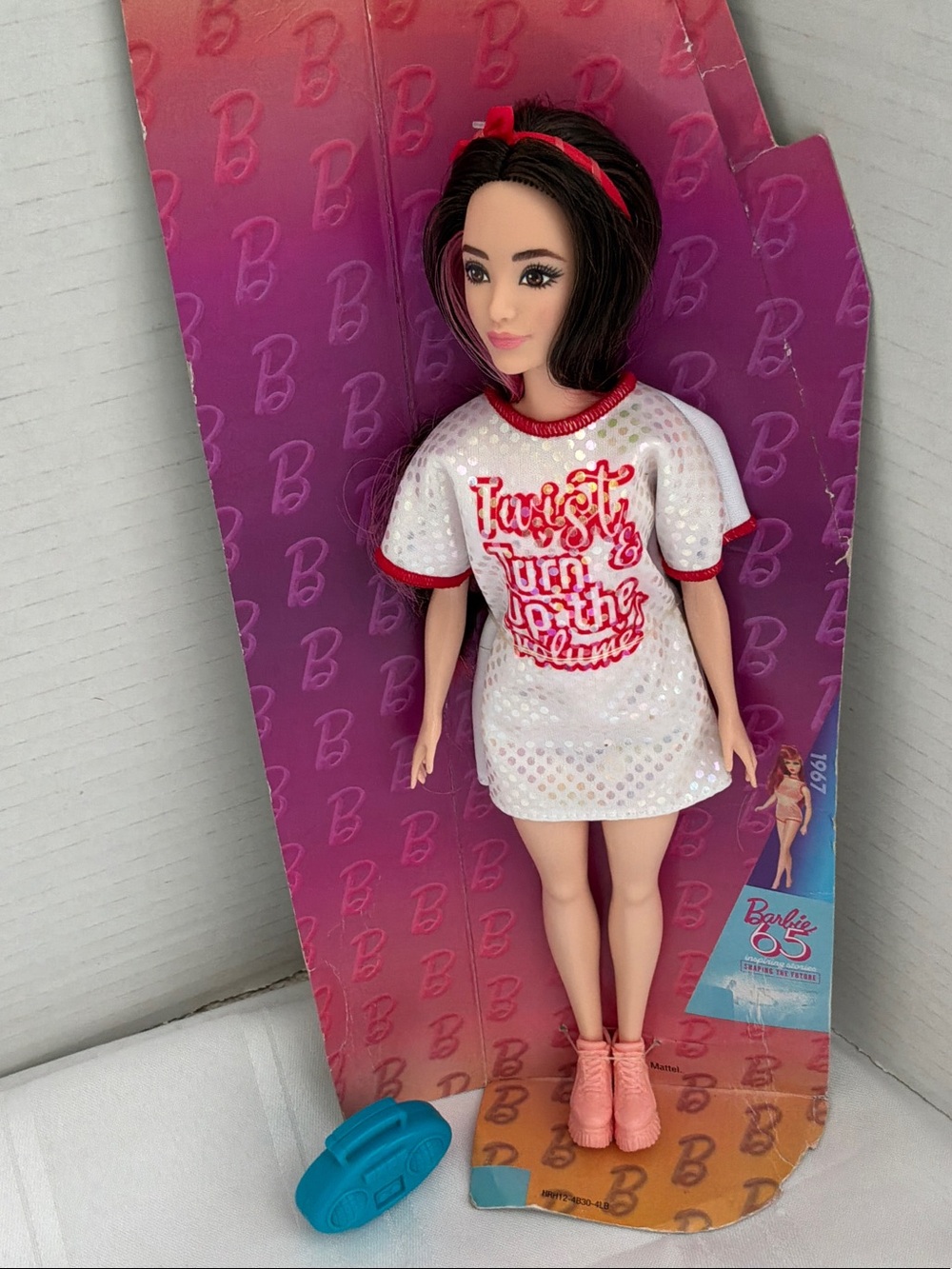 Barbie White Sequin Tee with Pink Trim and Pink Logo with vintage boombox